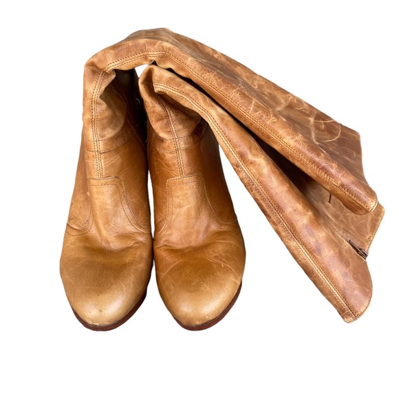 Jessica Simpson Distressed Leather Tall Boots Size 10 Stacked Heel Butterscotch - Picture 8 of 14